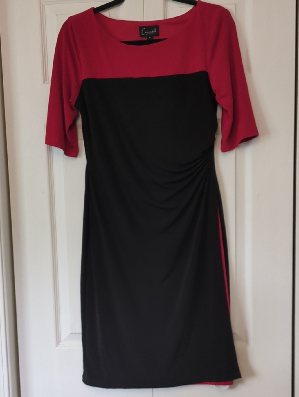connected apparel Red and Black Midi Dress with Side Ruching